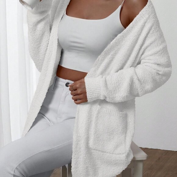 White Casual Women's Plain Long Sleeve Minimalist Cardigan Top - Picture 6 of 6
